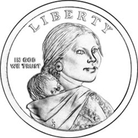 Sacagawea portrayed in three-quarter profile. On her back, Sacagawea carries Jean Baptiste, her infant son and the inscriptions Liberty and IN GOD WE TRUST 